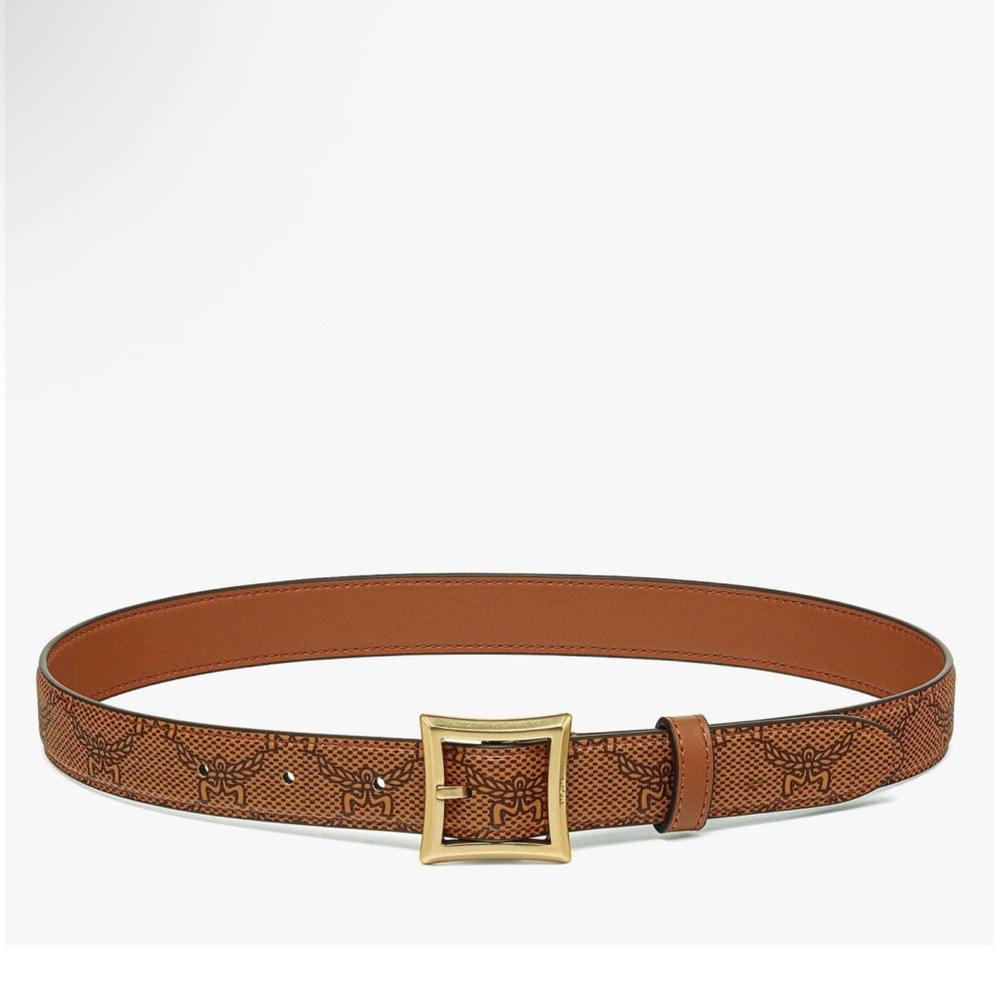 MCM Tan Leather Belt with Gold Buckle